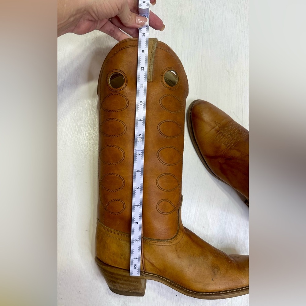Vintage Acme Cowboy Boots Tan Leather USA Women 9.5C Narrow Western Tall - Picture 14 of 16